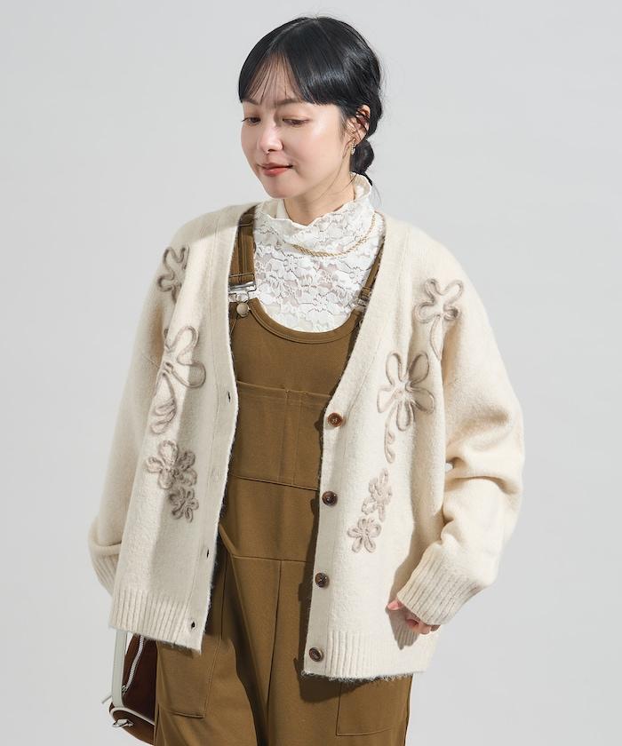 拼色 線繡花卉圖案針織開衫