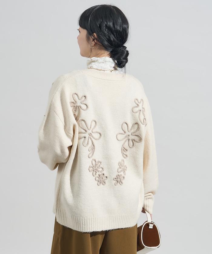 拼色 線繡花卉圖案針織開衫