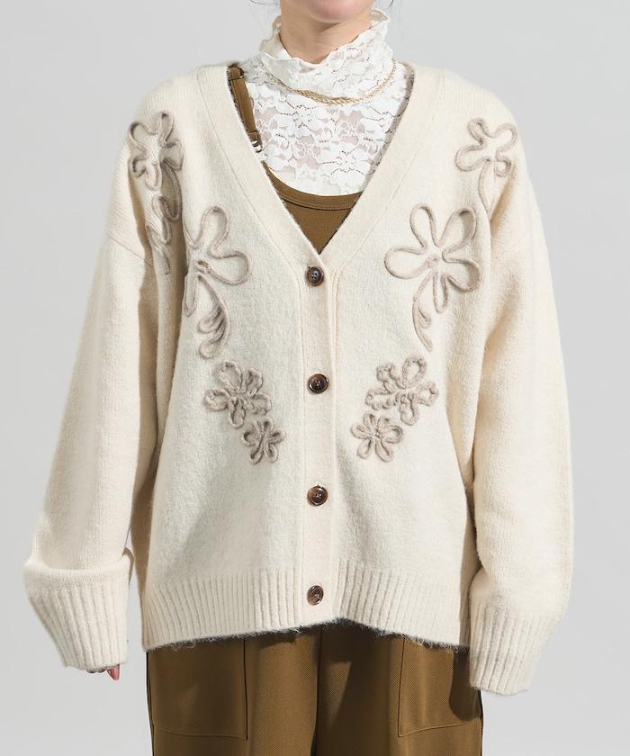 拼色 線繡花卉圖案針織開衫