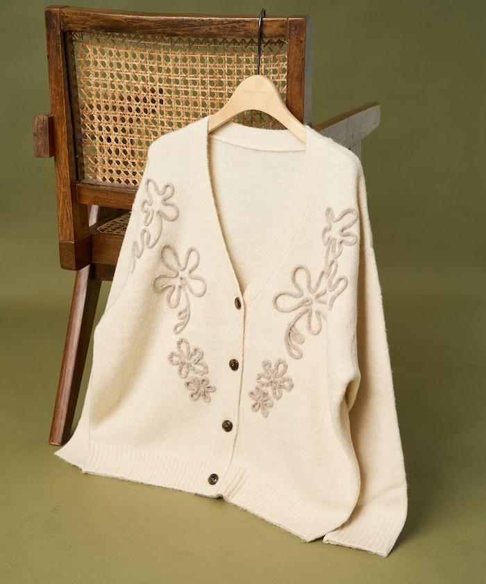 拼色 線繡花卉圖案針織開衫