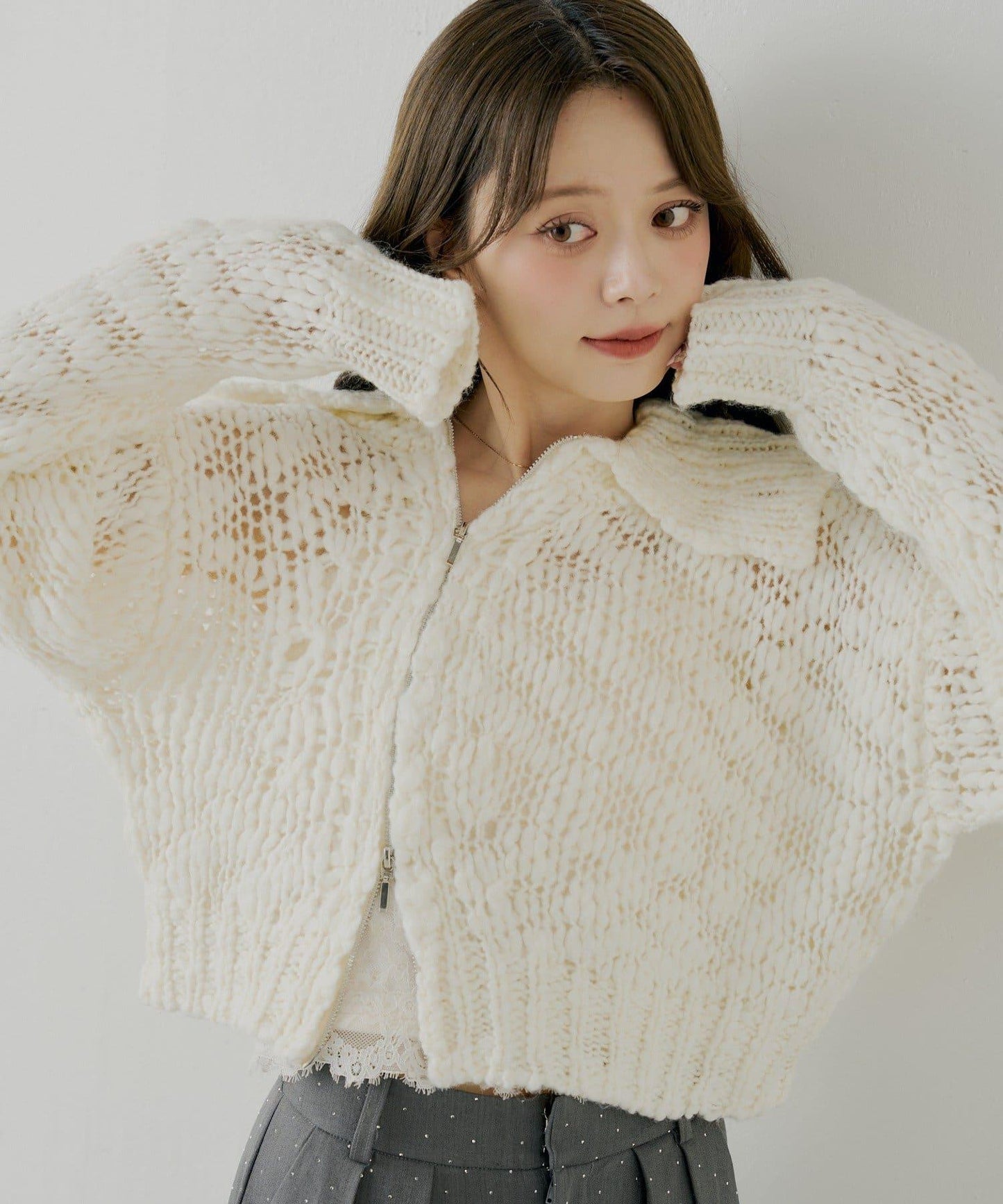 【SALON by Chico】粗針織不對稱拉鍊寬鬆針織衫