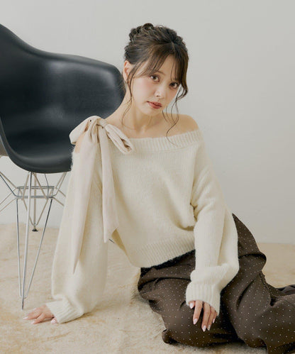 【復刻】天鵝絨蝴蝶結單肩寬鬆針織衫