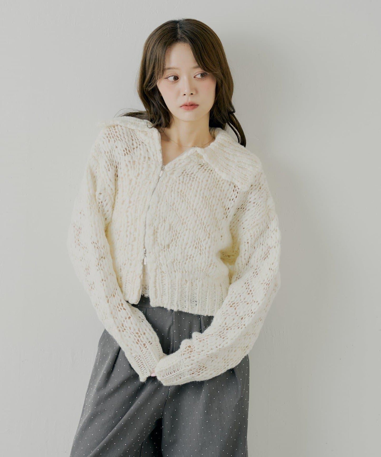 【SALON by Chico】粗針織不對稱拉鍊寬鬆針織衫