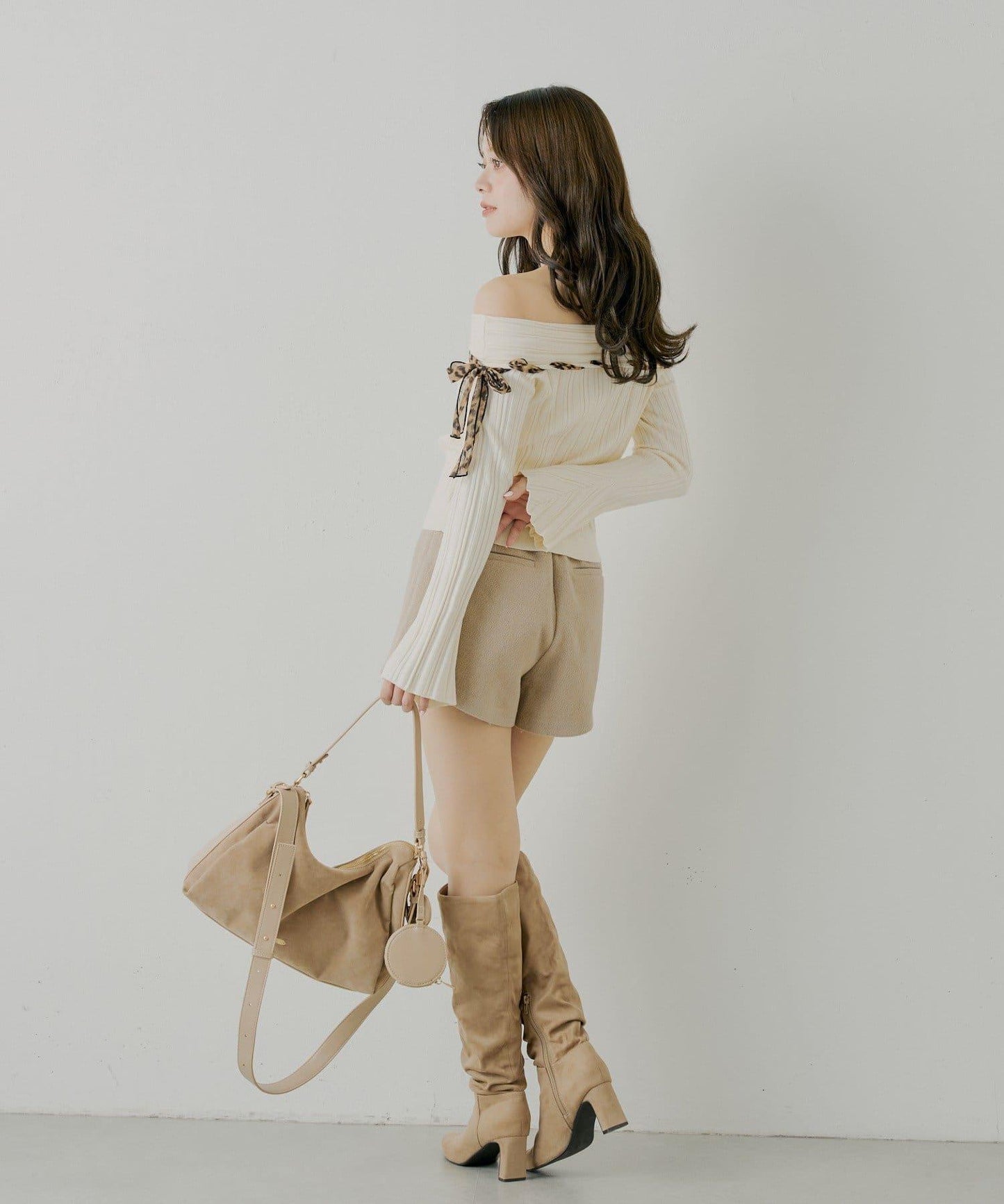 肩帶蝴蝶結單肩羅紋針織衫