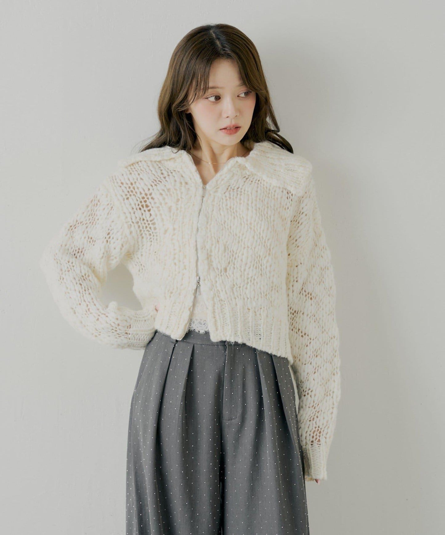 【SALON by Chico】粗針織不對稱拉鍊寬鬆針織衫