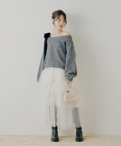 【復刻】天鵝絨蝴蝶結單肩寬鬆針織衫