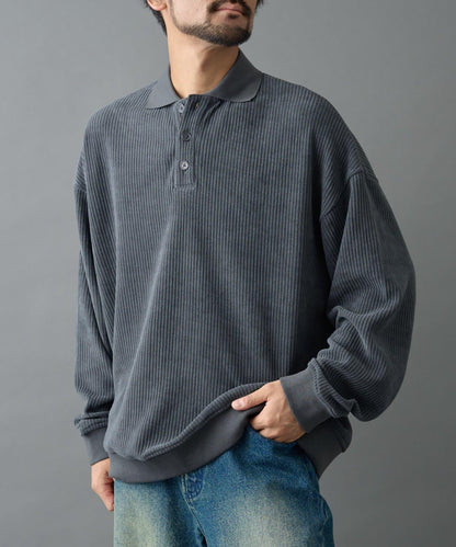 燈芯絨剪裁長袖POLO衫