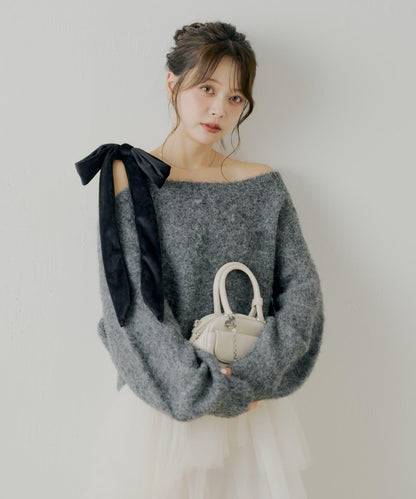 【復刻】天鵝絨蝴蝶結單肩寬鬆針織衫