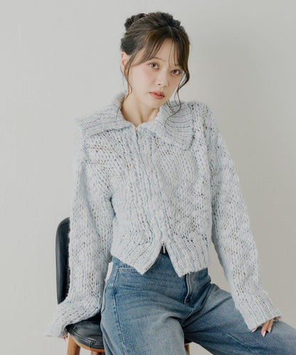 【SALON by Chico】粗針織不對稱拉鍊寬鬆針織衫