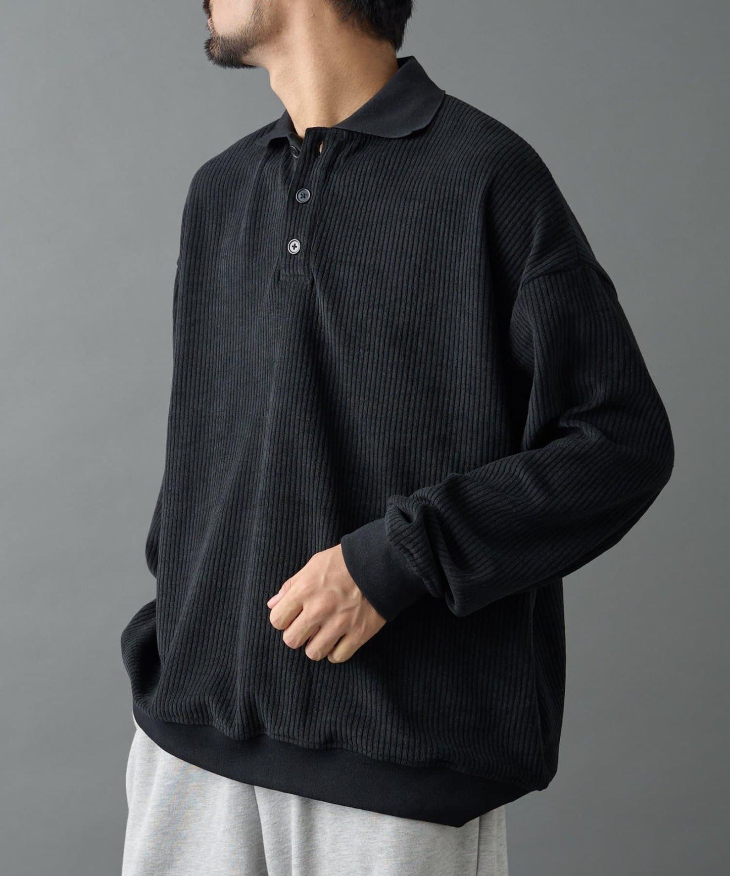 燈芯絨剪裁長袖POLO衫