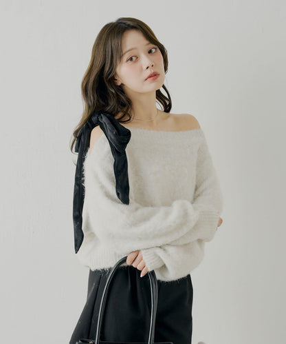 【復刻】天鵝絨蝴蝶結單肩寬鬆針織衫