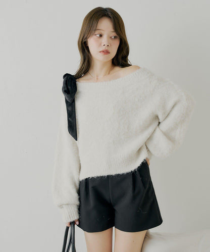 【復刻】天鵝絨蝴蝶結單肩寬鬆針織衫