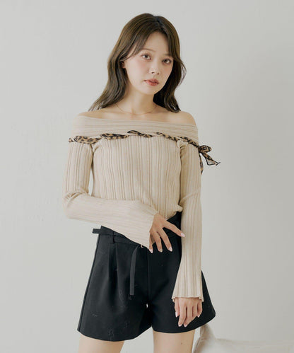 肩帶蝴蝶結單肩羅紋針織衫