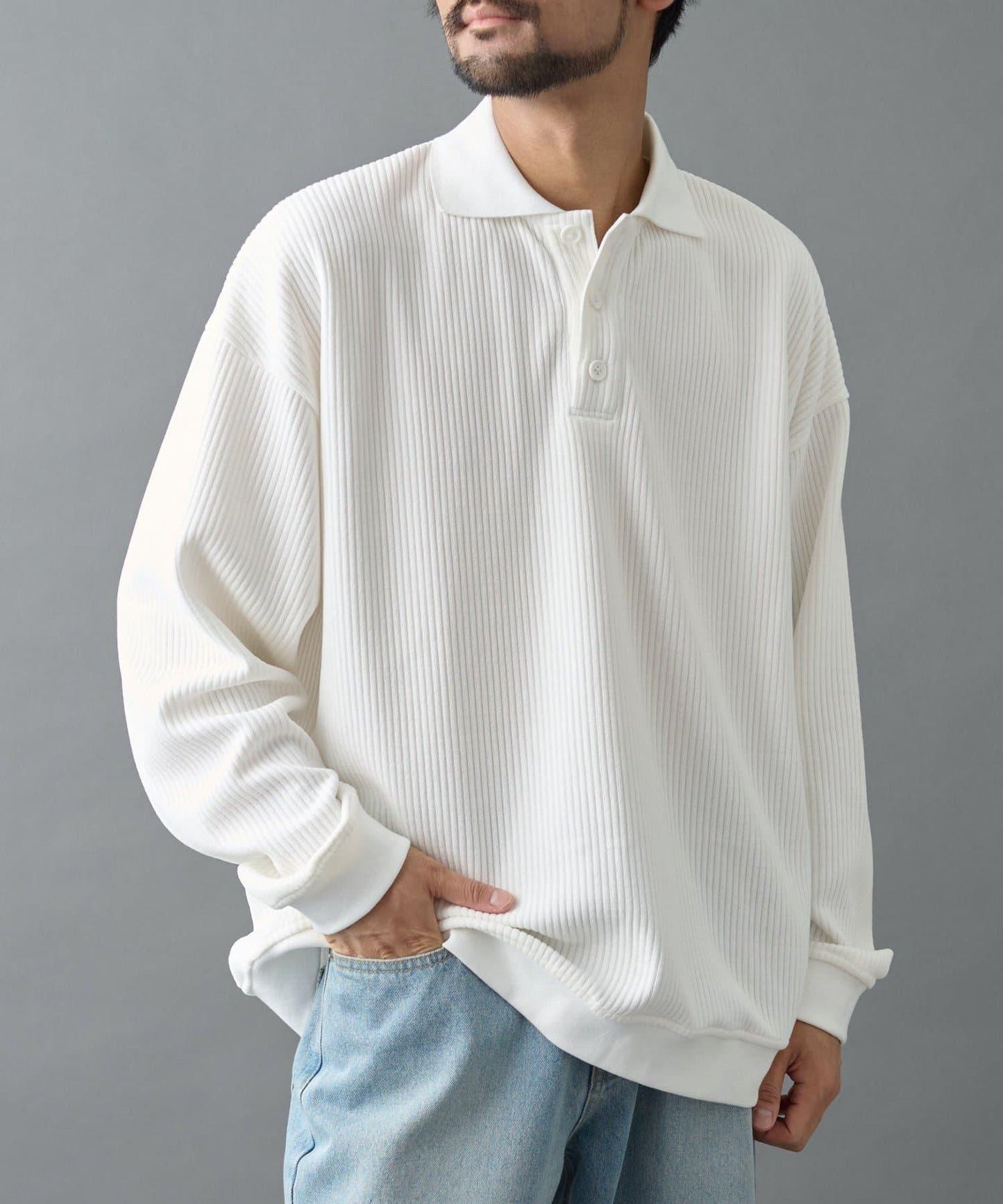 燈芯絨剪裁長袖POLO衫