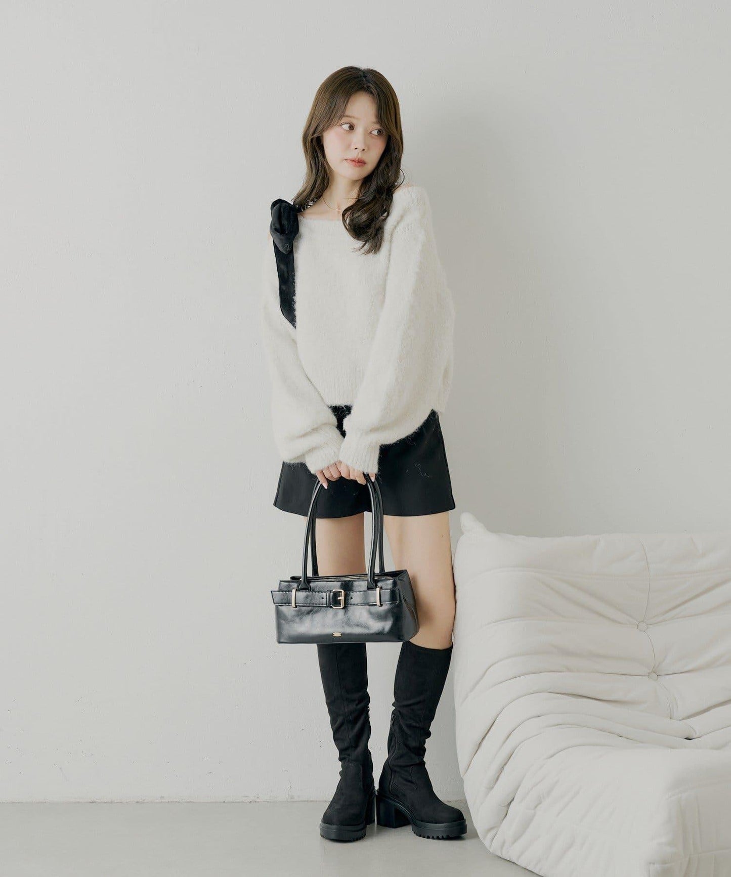 【復刻】天鵝絨蝴蝶結單肩寬鬆針織衫