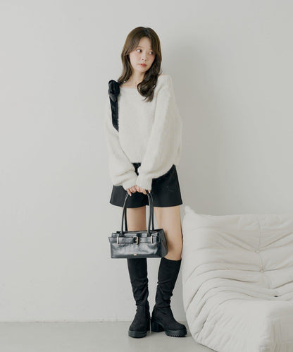 【復刻】天鵝絨蝴蝶結單肩寬鬆針織衫