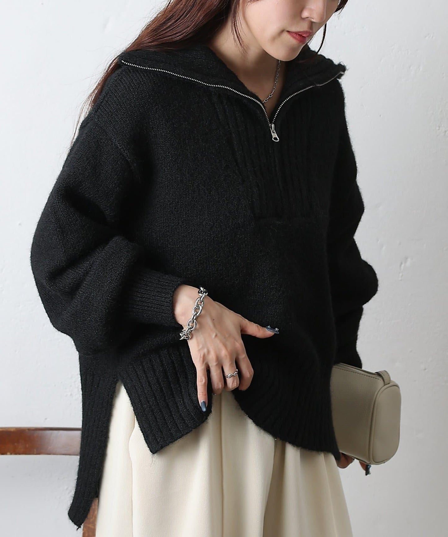 羊駝絨感半拉鍊套頭衫