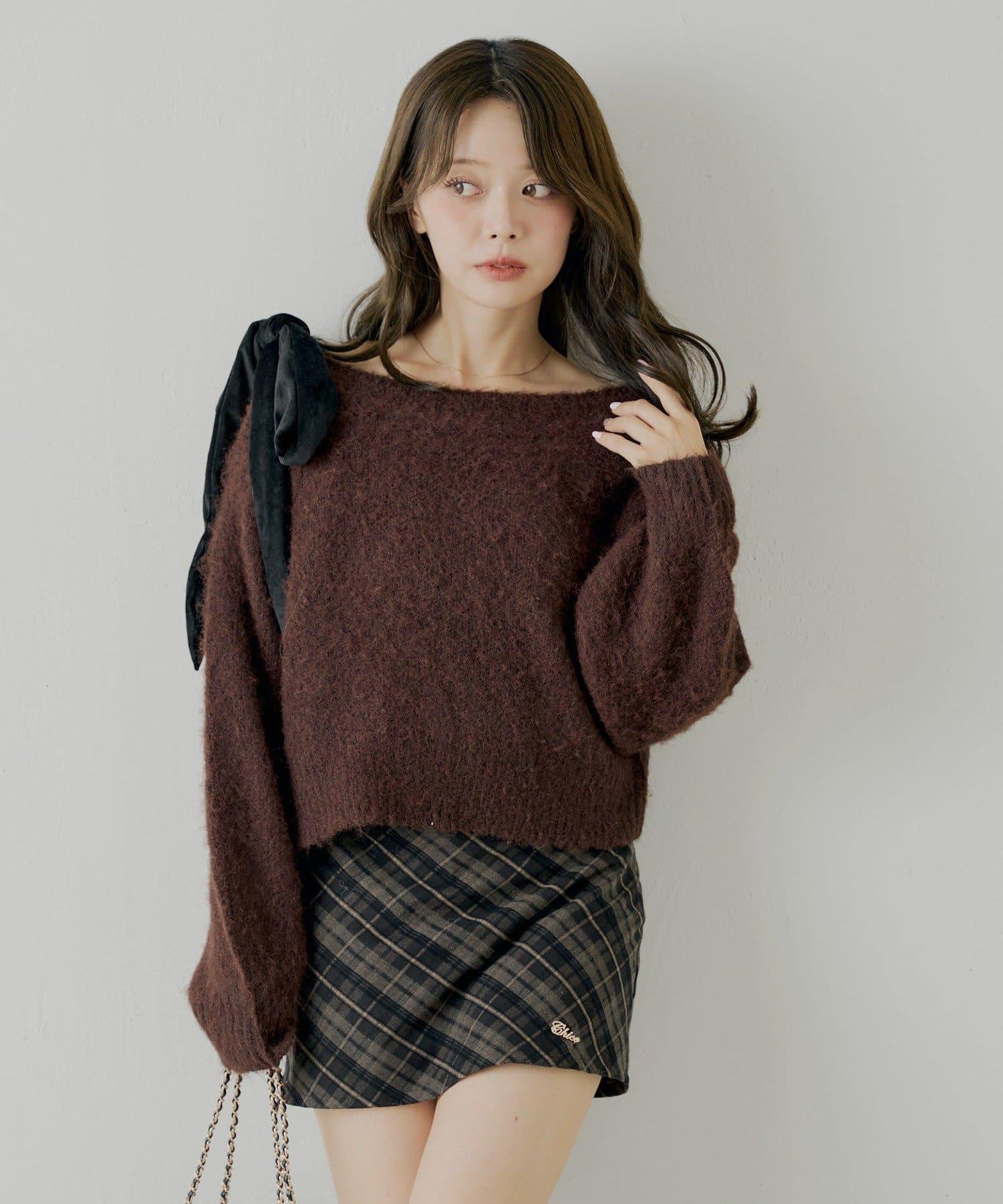 【復刻】天鵝絨蝴蝶結單肩寬鬆針織衫