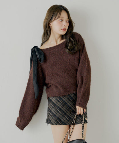 【復刻】天鵝絨蝴蝶結單肩寬鬆針織衫