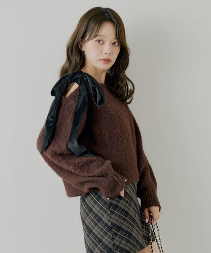 【復刻】天鵝絨蝴蝶結單肩寬鬆針織衫