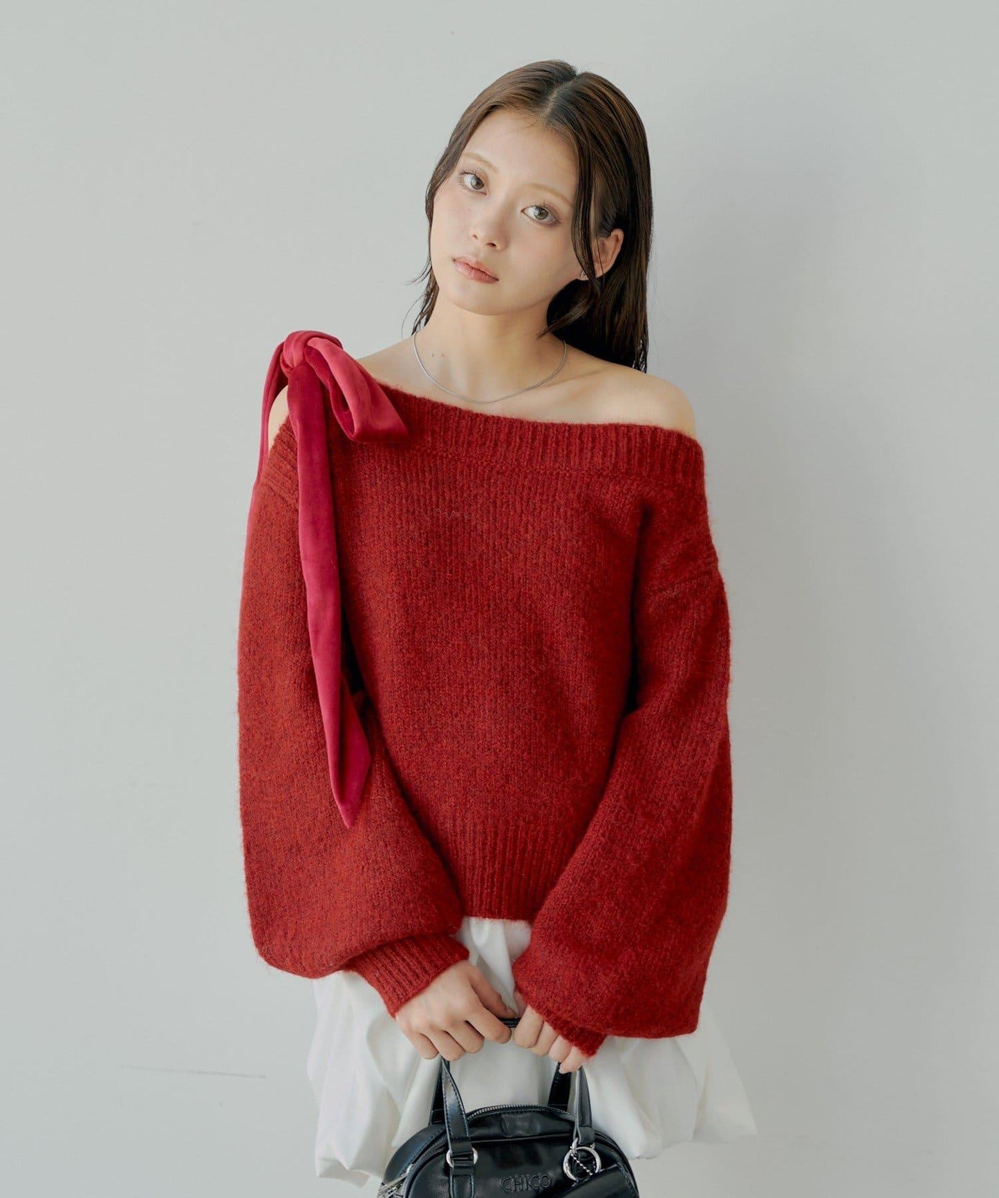 【復刻】天鵝絨蝴蝶結單肩寬鬆針織衫