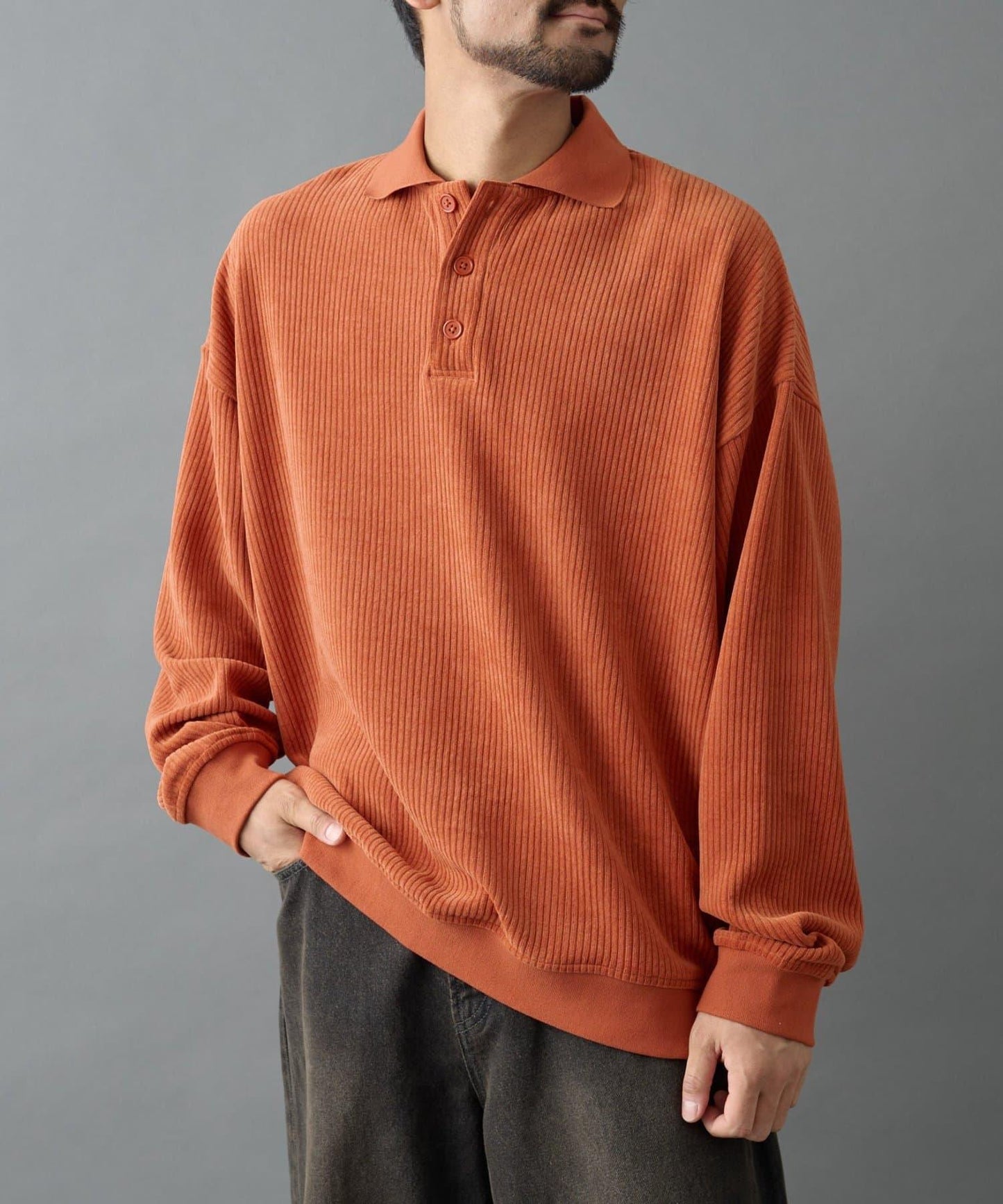 燈芯絨剪裁長袖POLO衫