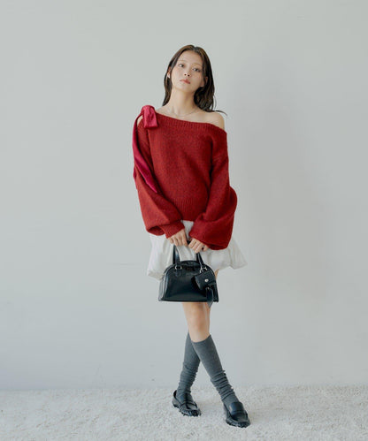 【復刻】天鵝絨蝴蝶結單肩寬鬆針織衫