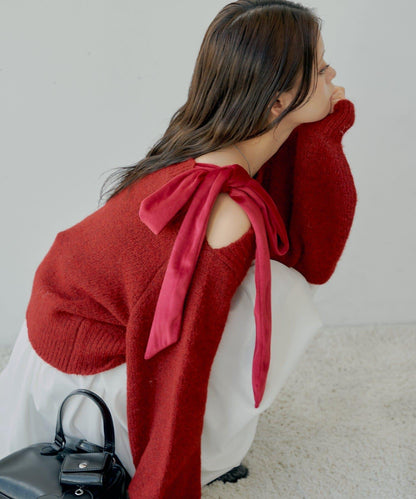 【復刻】天鵝絨蝴蝶結單肩寬鬆針織衫