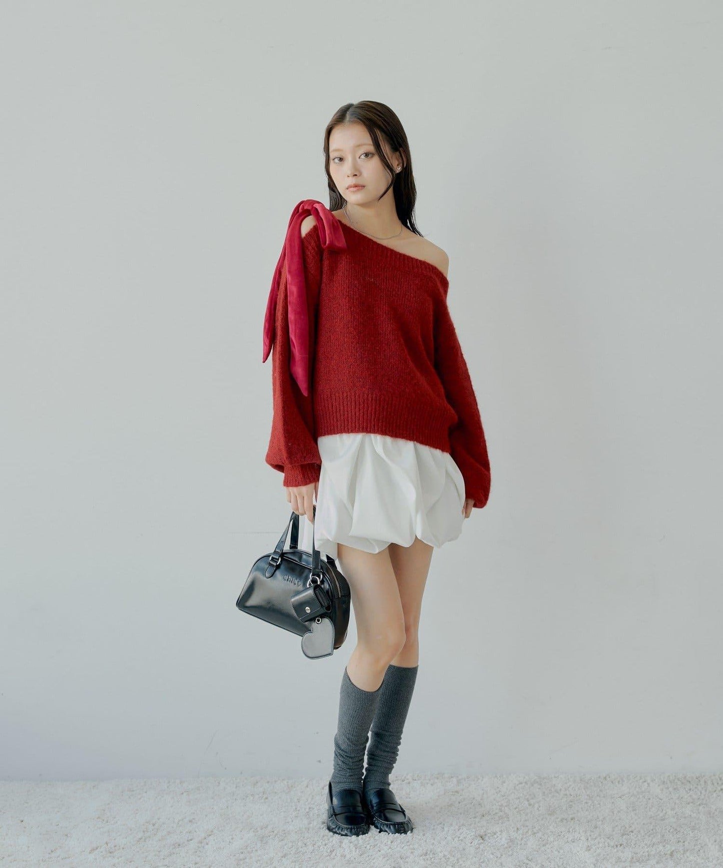 【復刻】天鵝絨蝴蝶結單肩寬鬆針織衫