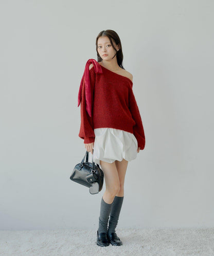 【復刻】天鵝絨蝴蝶結單肩寬鬆針織衫