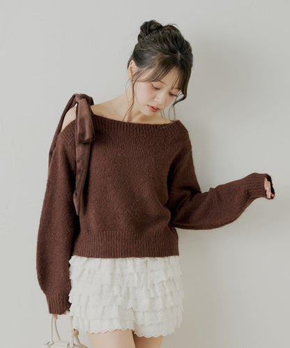 【復刻】天鵝絨蝴蝶結單肩寬鬆針織衫