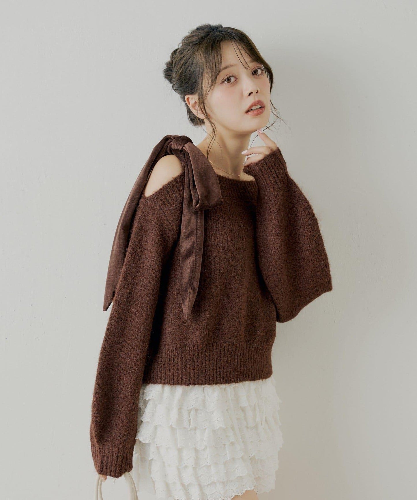 【復刻】天鵝絨蝴蝶結單肩寬鬆針織衫