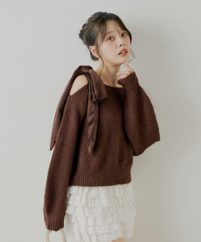 【復刻】天鵝絨蝴蝶結單肩寬鬆針織衫