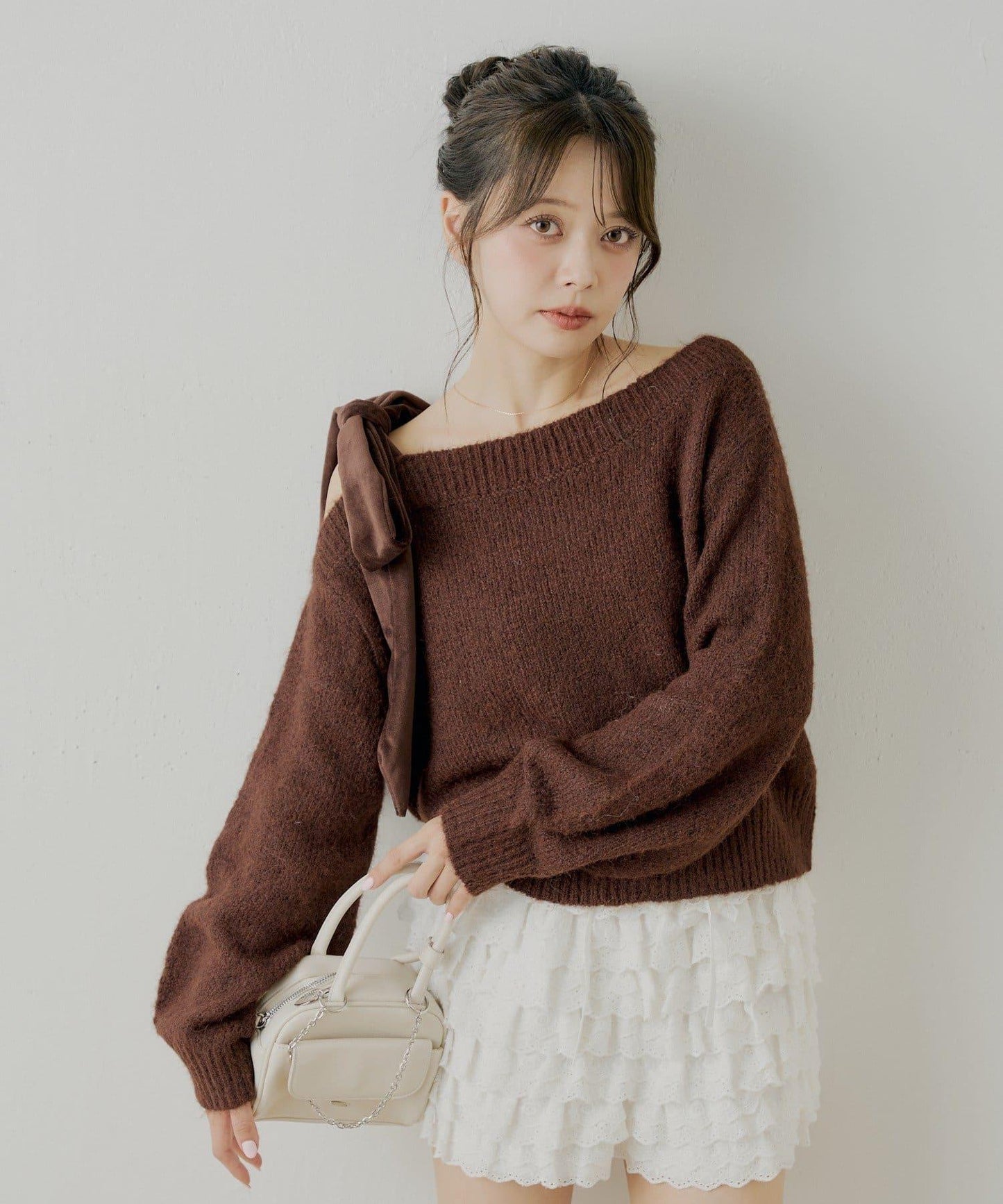 【復刻】天鵝絨蝴蝶結單肩寬鬆針織衫