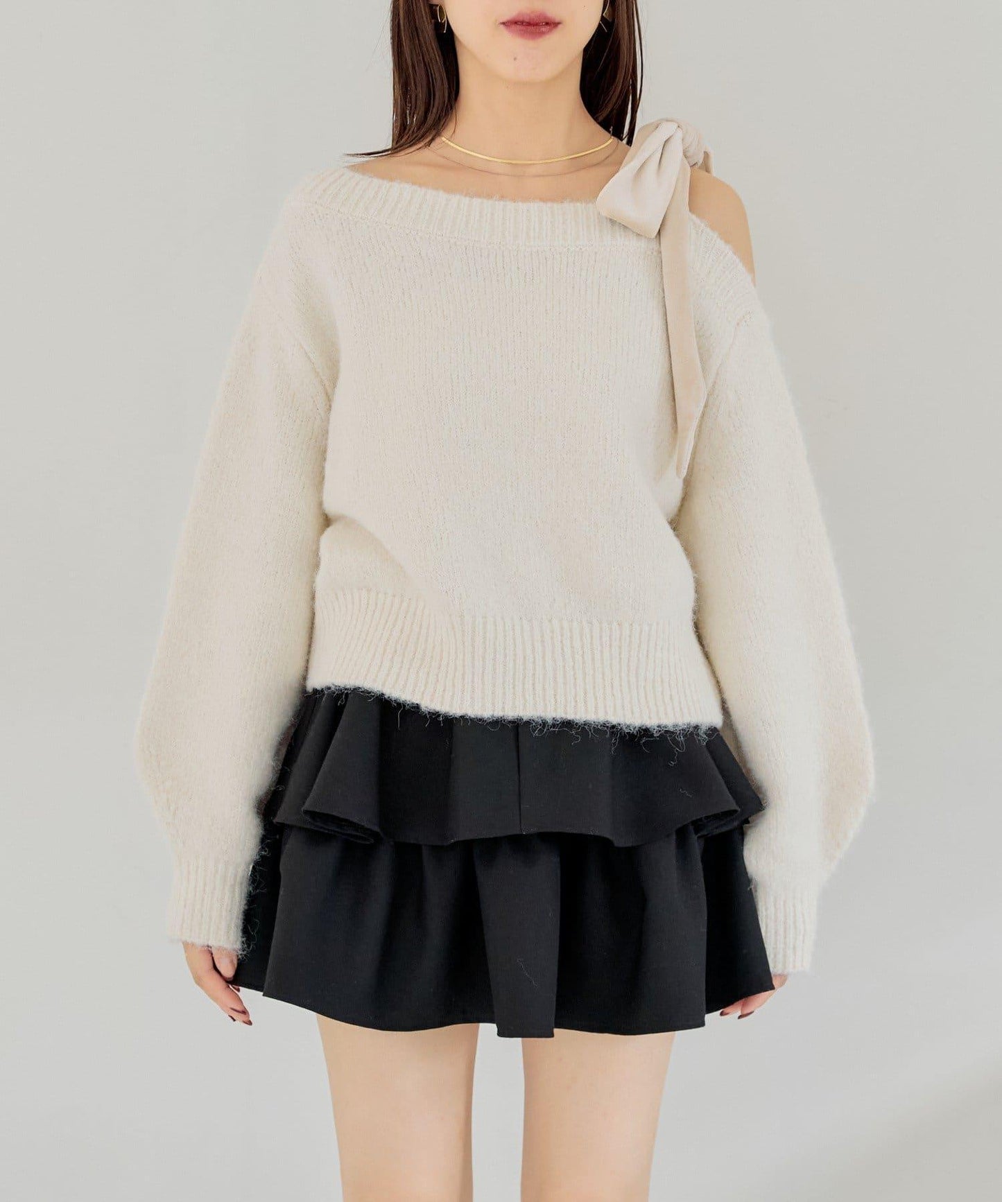 【復刻】天鵝絨蝴蝶結單肩寬鬆針織衫