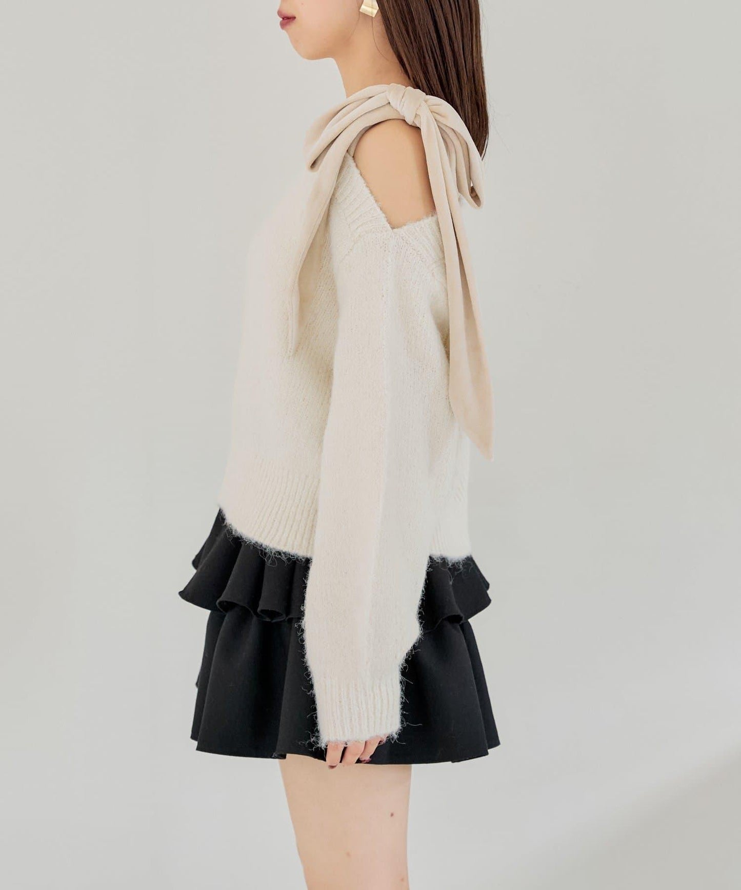 【復刻】天鵝絨蝴蝶結單肩寬鬆針織衫