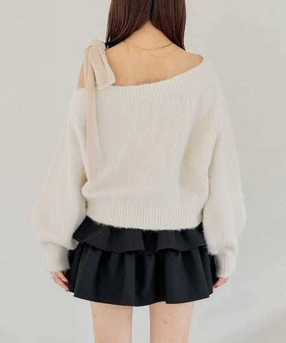 【復刻】天鵝絨蝴蝶結單肩寬鬆針織衫