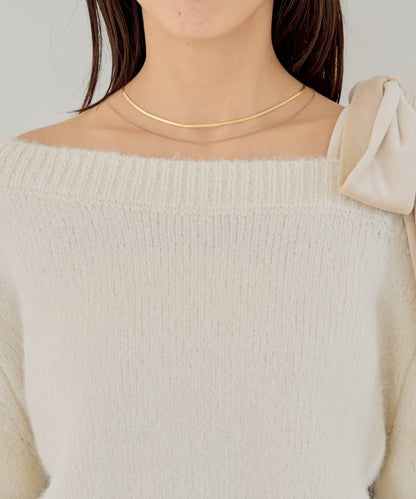 【復刻】天鵝絨蝴蝶結單肩寬鬆針織衫