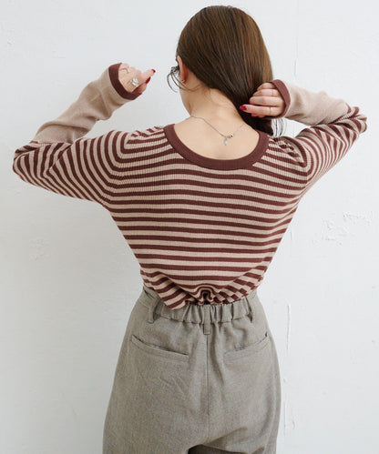 【4色可選】B 條紋指孔針織上衣