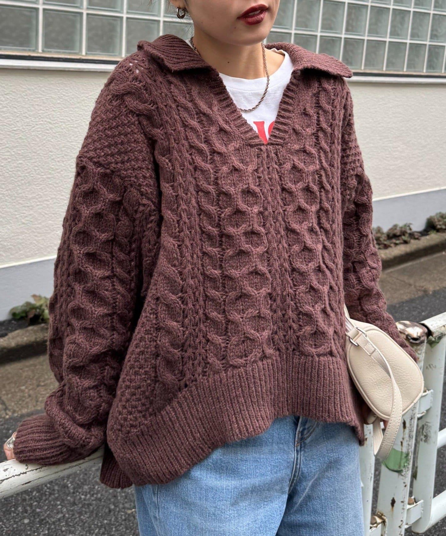 翻領針織麻花毛衣