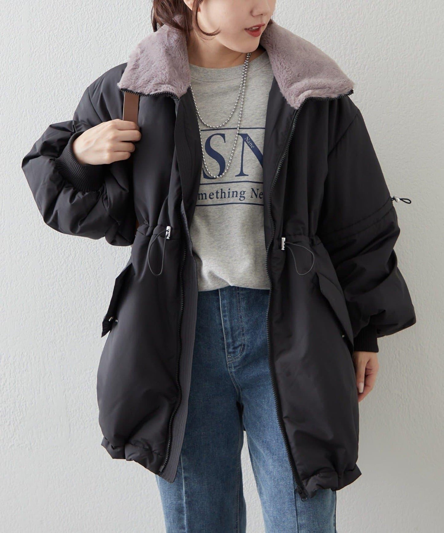 帶毛領抽繩中棉夾克