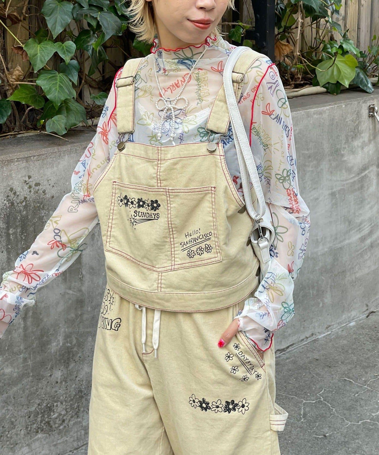 【HELLO.SANFRANCISCO/ハローサンフランシスコ】多穿法塗鴉燈芯絨拼色縫線揹帶褲