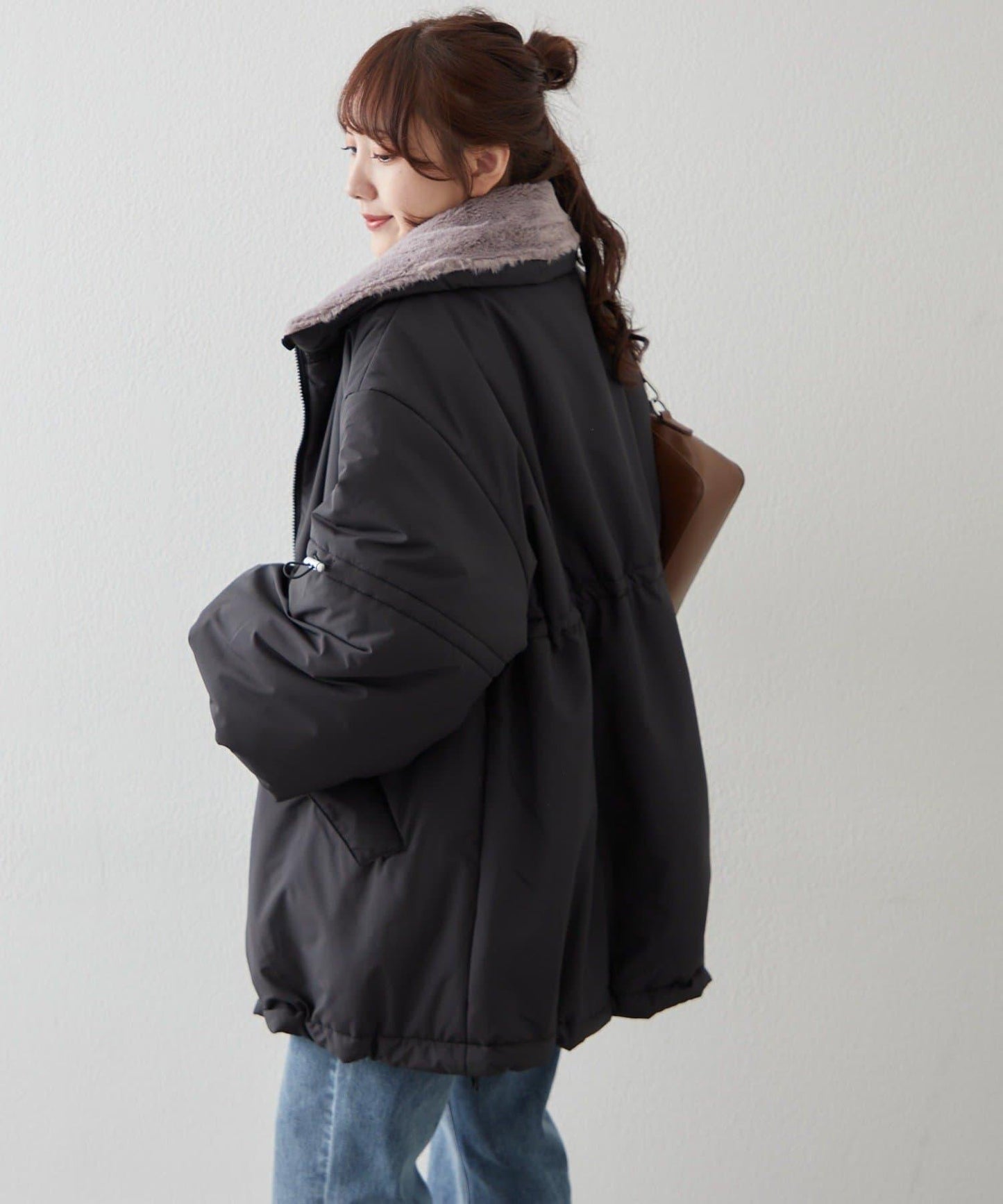 帶毛領抽繩中棉夾克