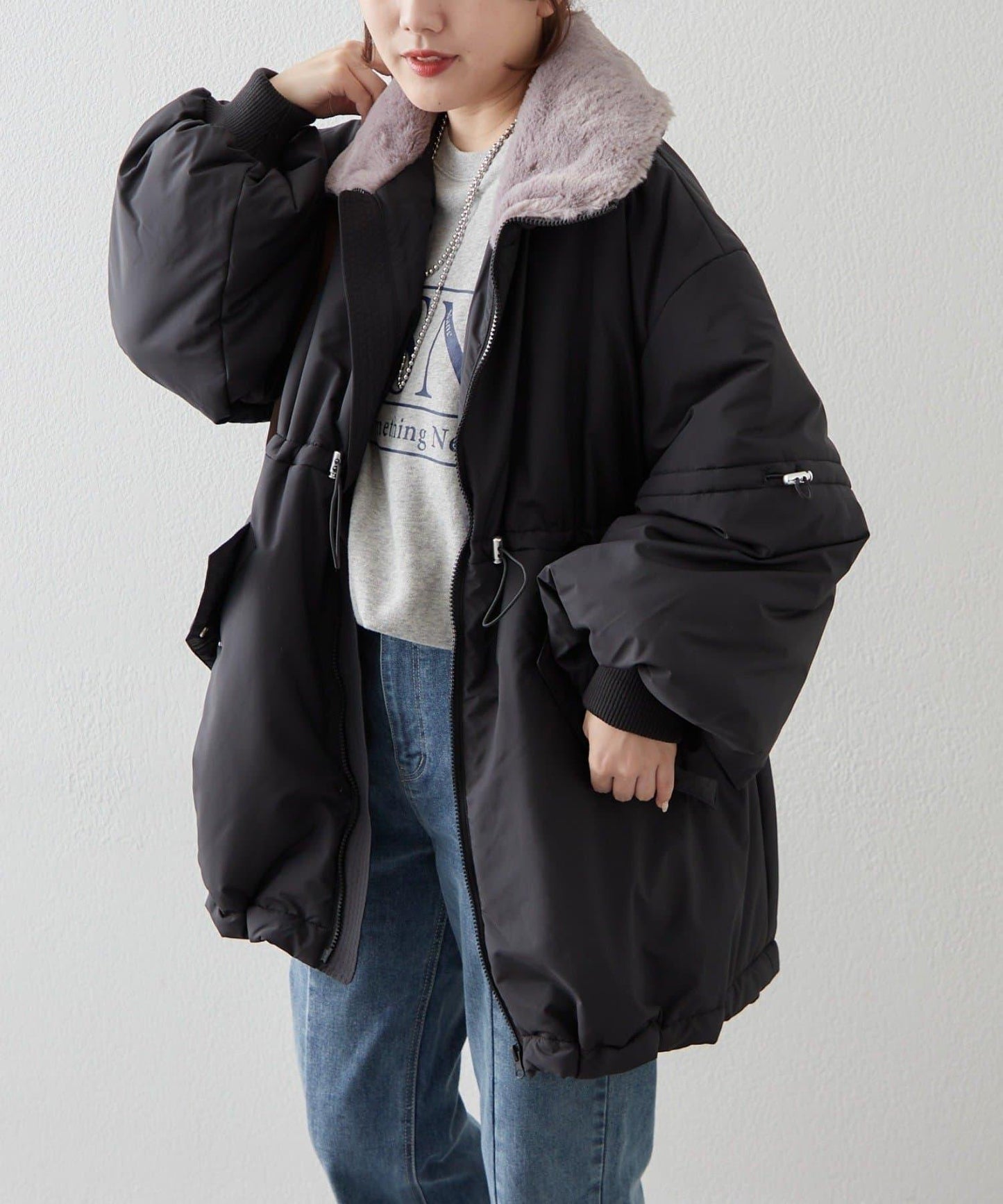 帶毛領抽繩中棉夾克