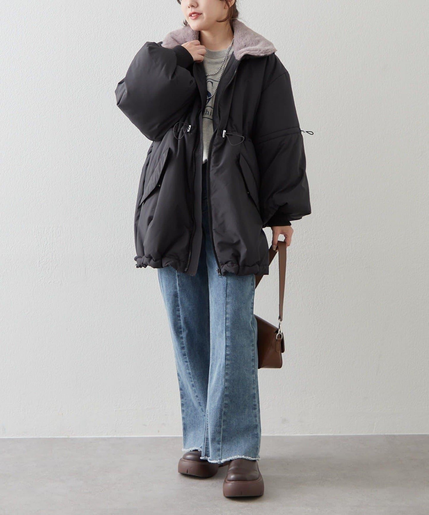 帶毛領抽繩中棉夾克