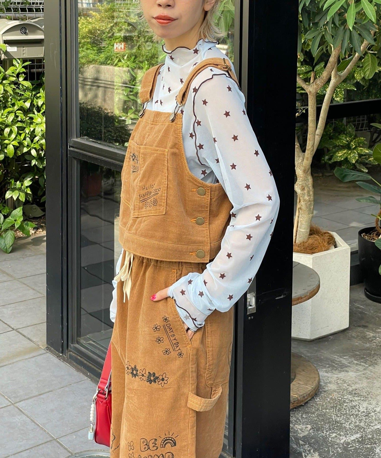 【HELLO.SANFRANCISCO/ハローサンフランシスコ】多穿法塗鴉燈芯絨拼色縫線揹帶褲