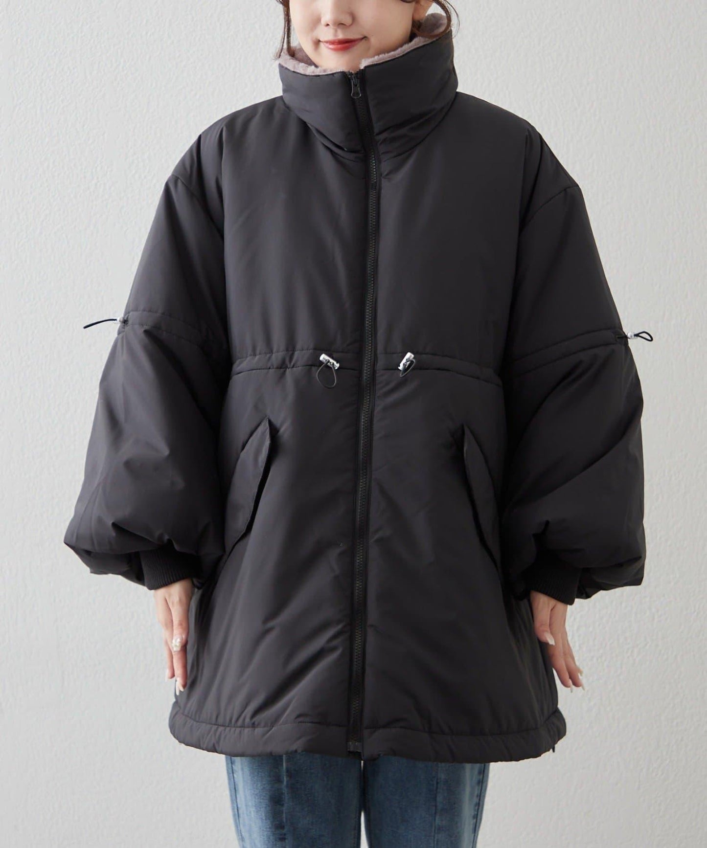 帶毛領抽繩中棉夾克