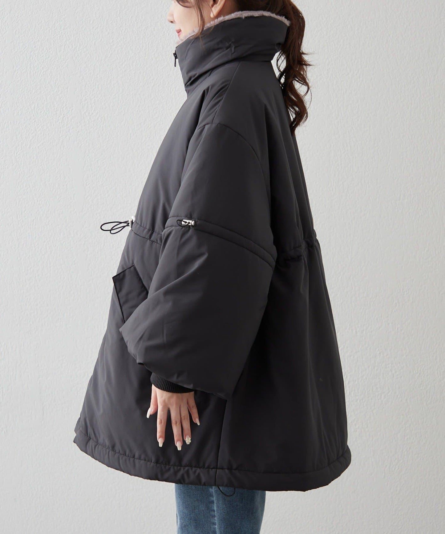 帶毛領抽繩中棉夾克