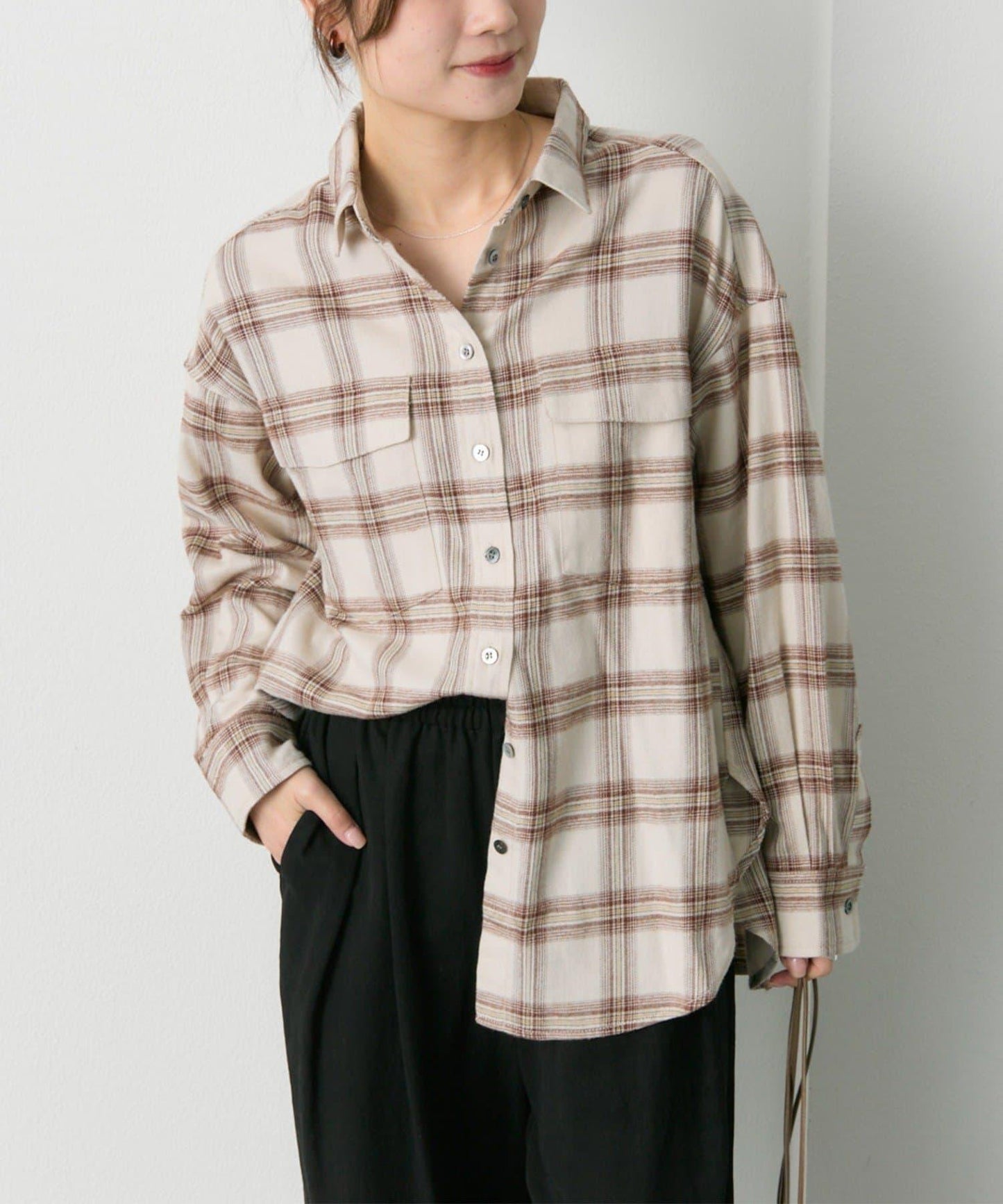 雙口袋磨毛格子襯衫