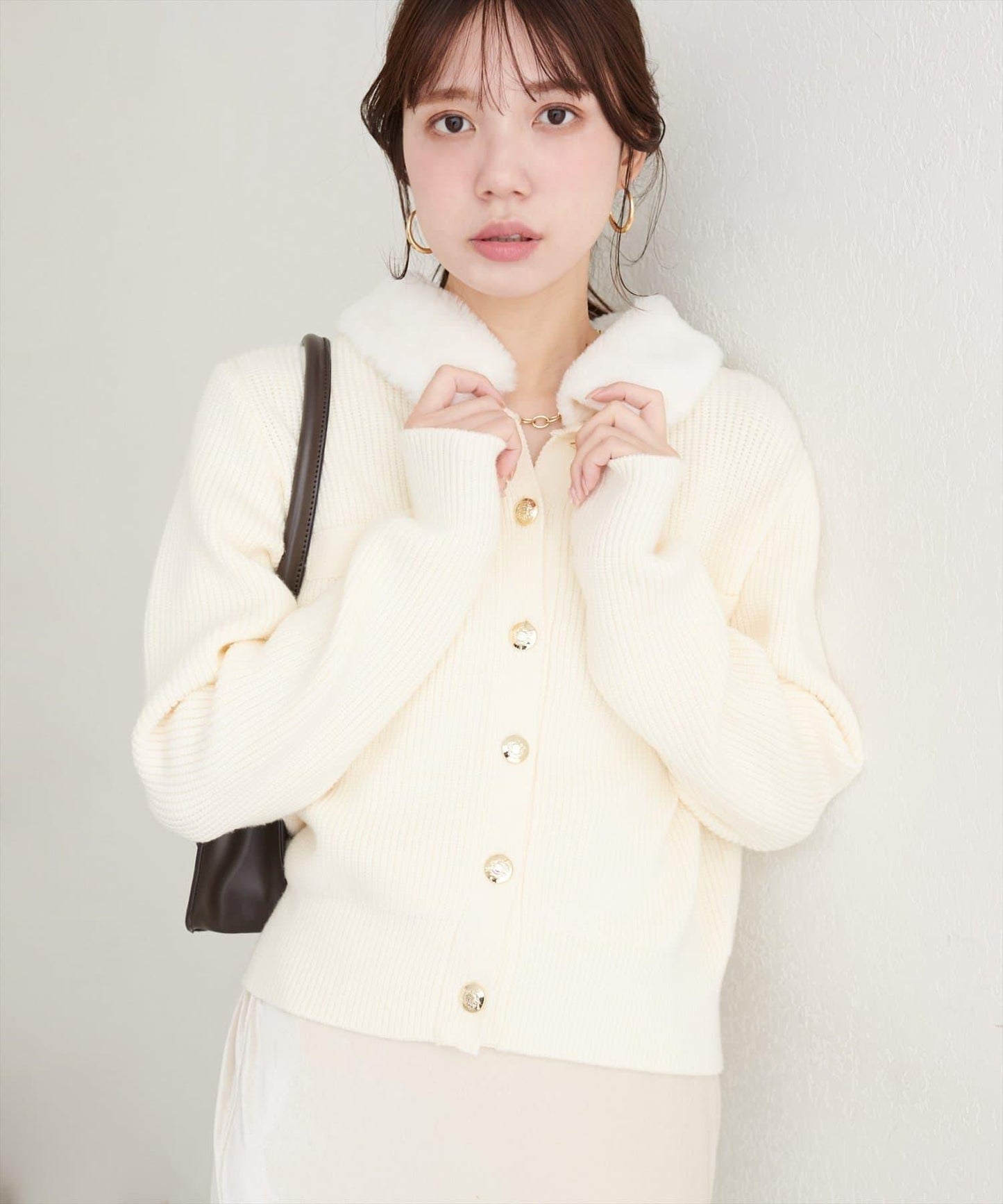 帶毛領單面羅紋針織開衫